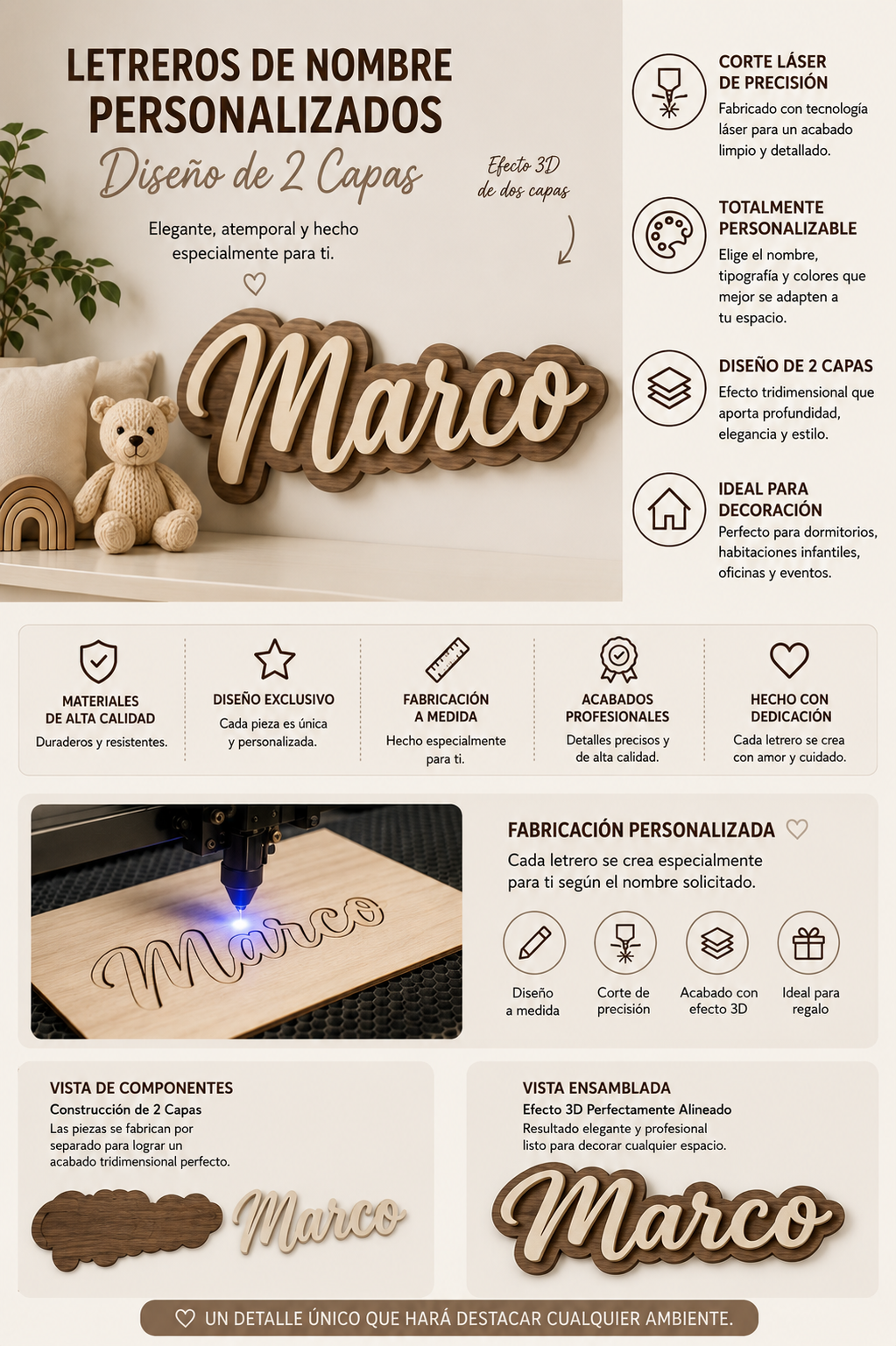Nombres En Madera Personalizado - Diseño de 2 Capas