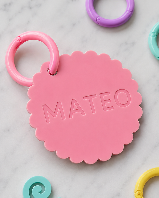 TAG acrilico grabado personalizado con anilla mosquetón circular