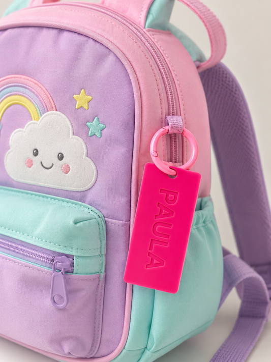 TAG acrilico grabado personalizado con anilla mosquetón